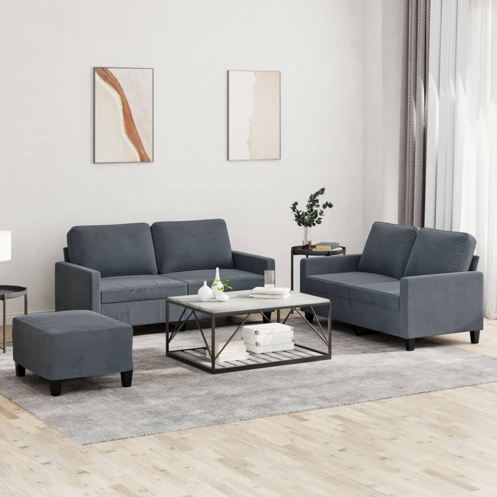 3-piece sofa set with cushions in dark grey velvet