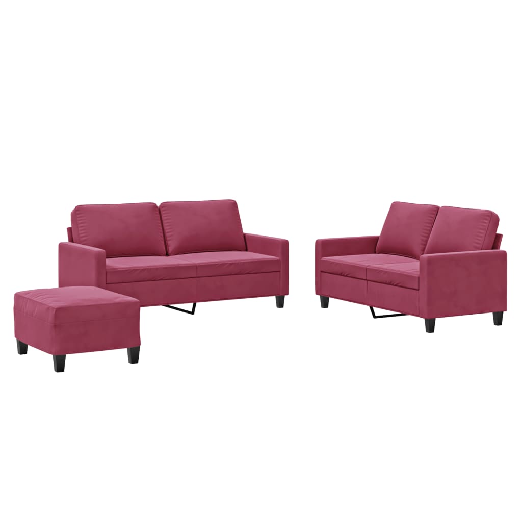 3-piece sofa set with cushions wine red velvet