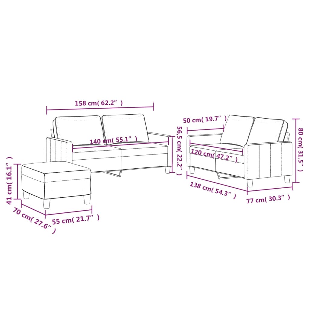 3-piece sofa set with cushions wine red velvet