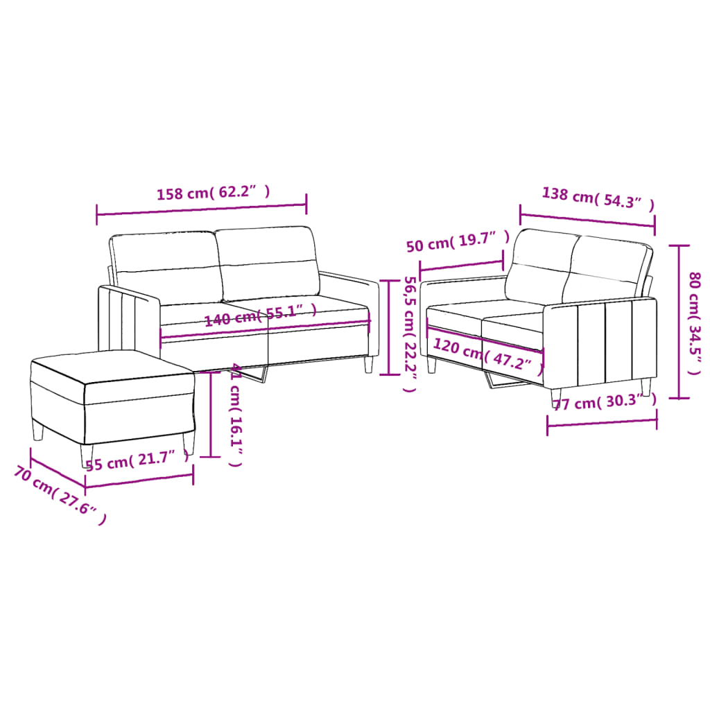 Ensemble de canapé 3 pièces avec coussins en tissu noir