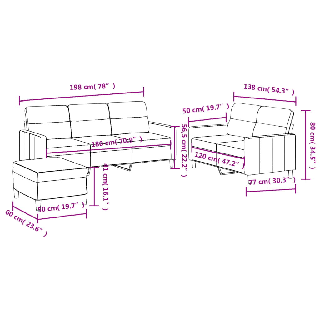 3-piece sofa set with cushions in taupe fabric