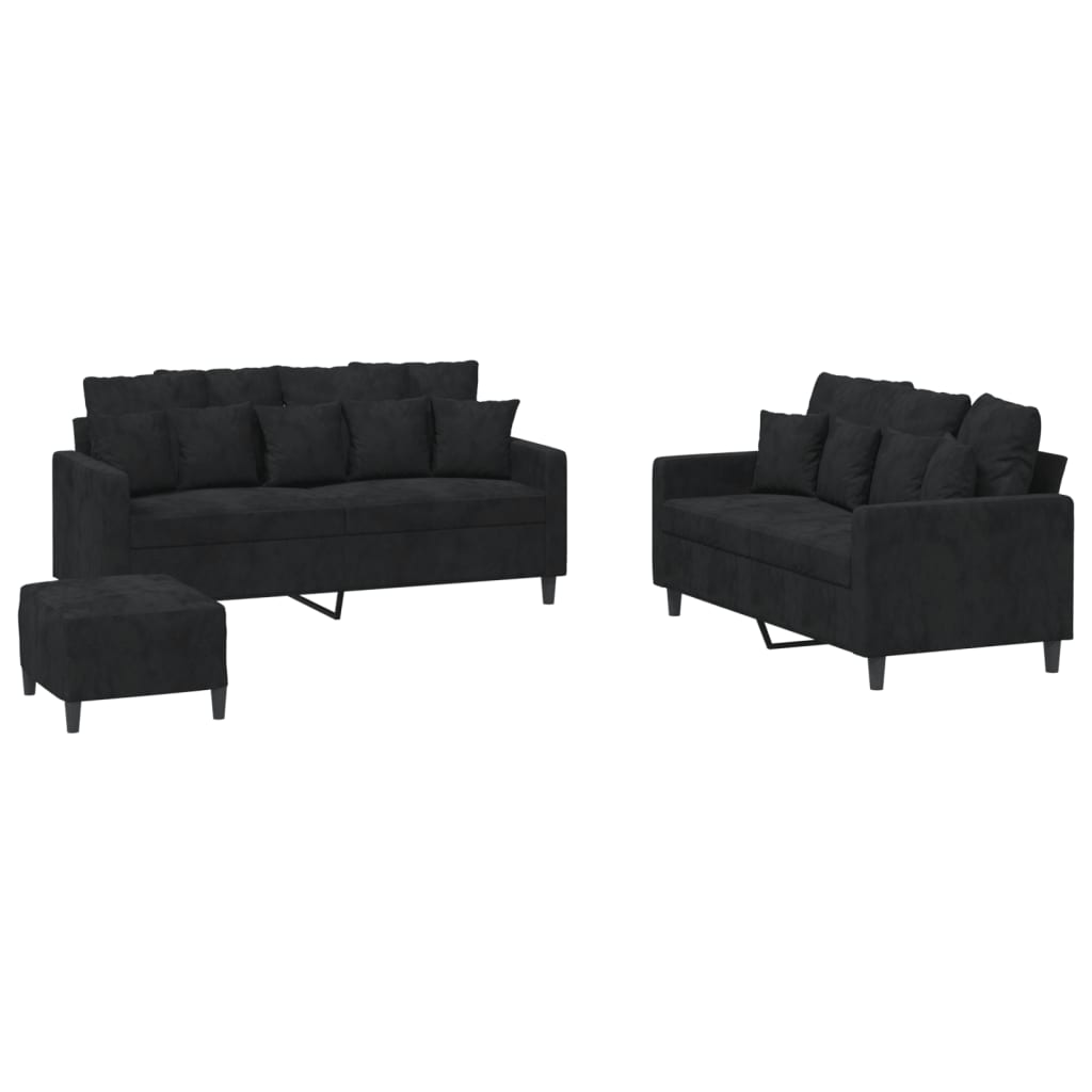 Ensemble de canapé 3 pièces avec coussins en velours noir