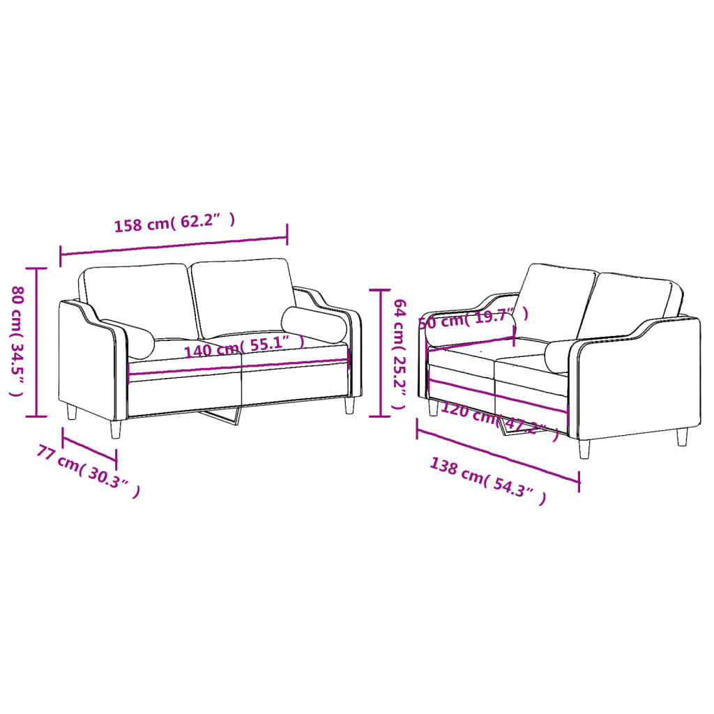 Ensemble de canapé 2 pièces avec coussins en tissu noir