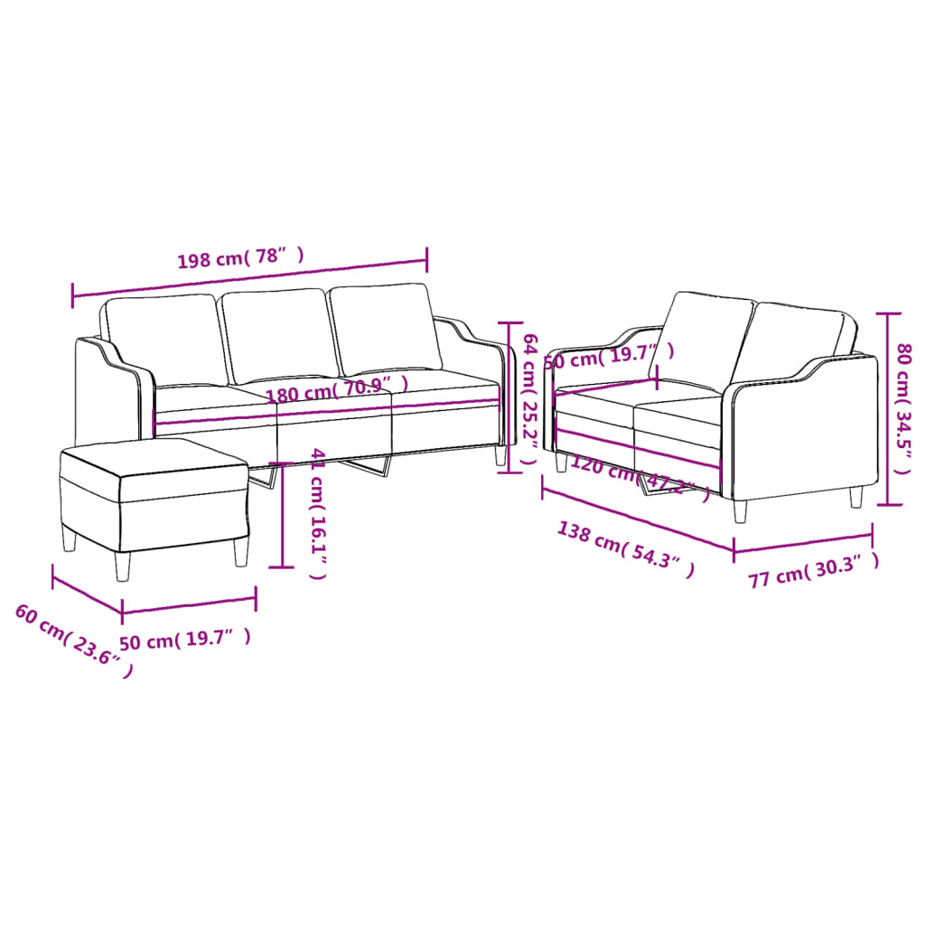 3-piece sofa set with cushions in taupe fabric