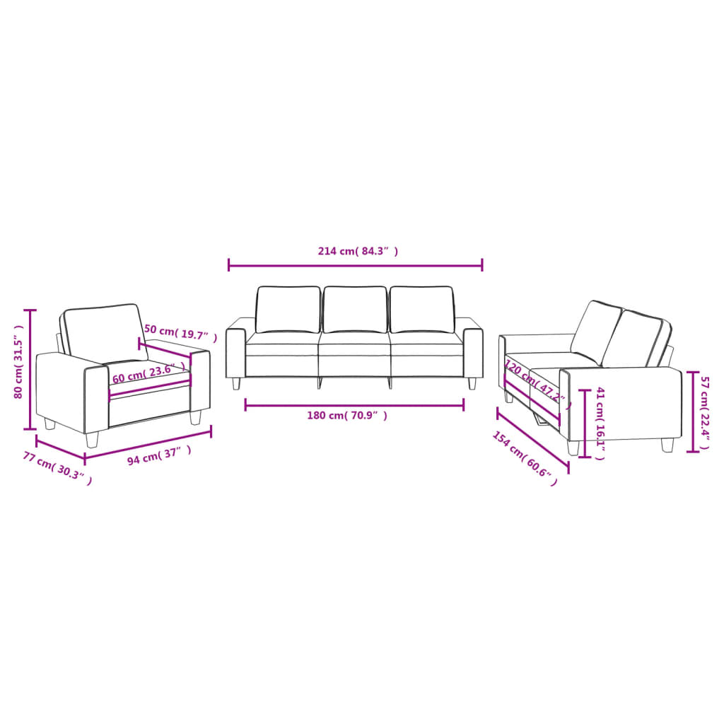 3-piece sofa set in light grey fabric