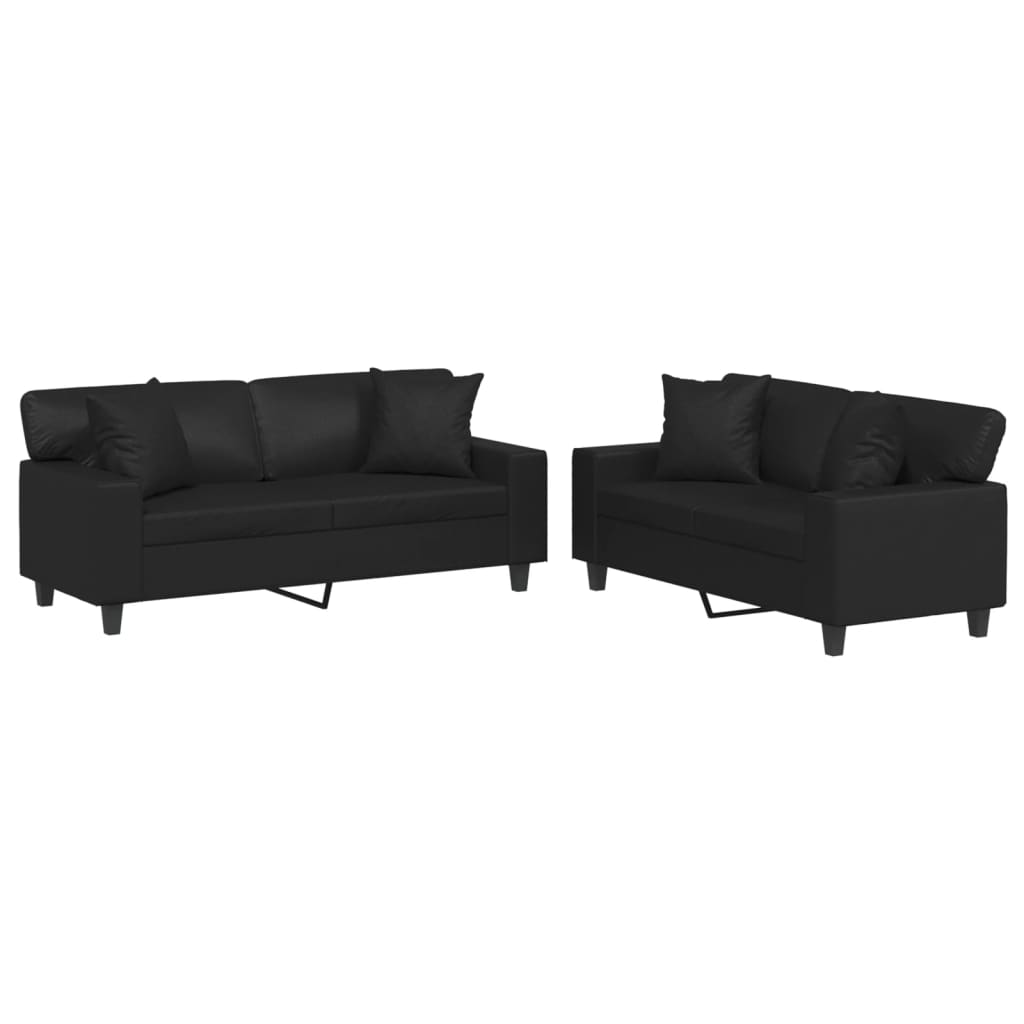 Ensemble de canapé 2 pièces avec coussins, similicuir noir