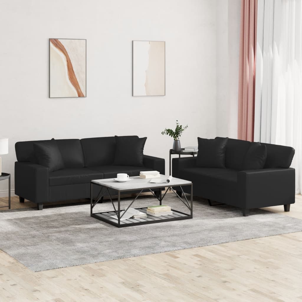 Ensemble de canapé 2 pièces avec coussins, similicuir noir