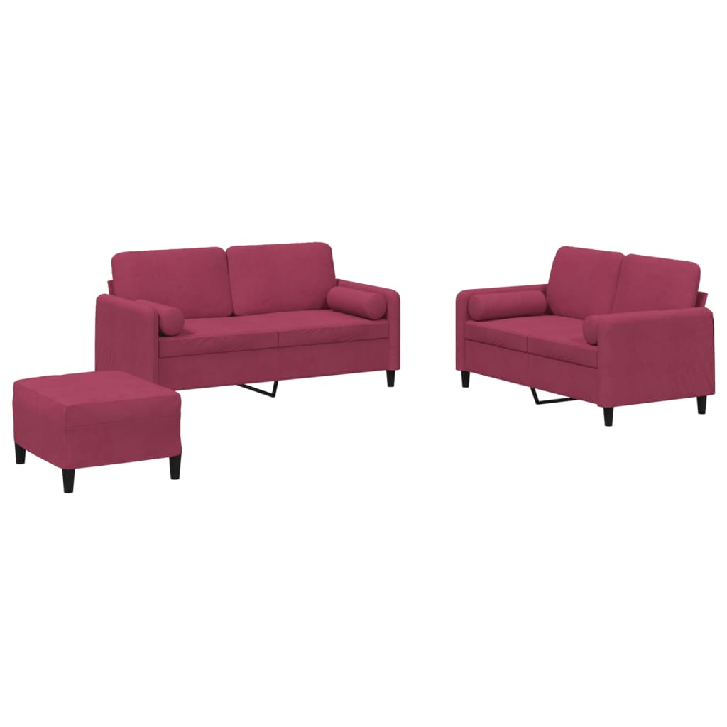 3-piece sofa set with cushions wine red velvet