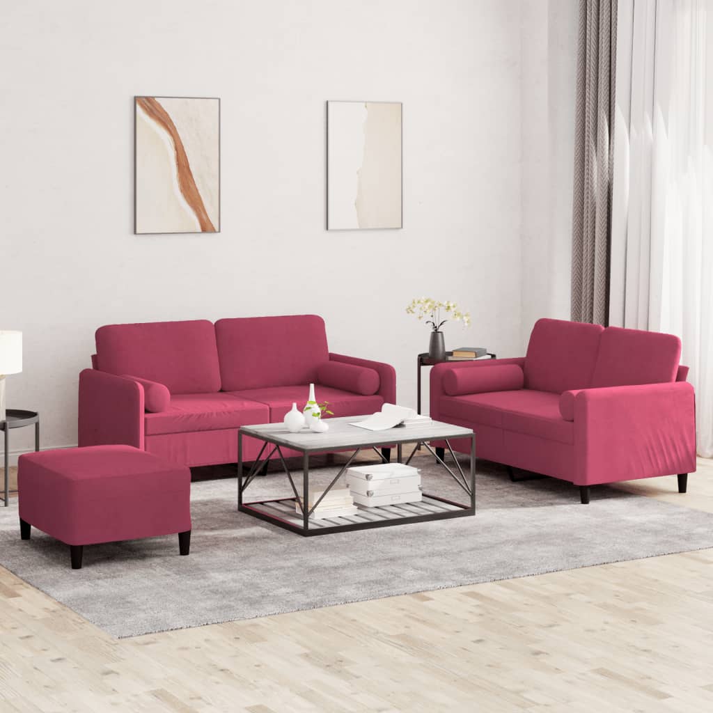 3-piece sofa set with cushions wine red velvet