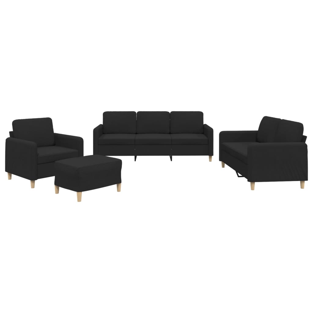 4-piece sofa set with cushions in black fabric