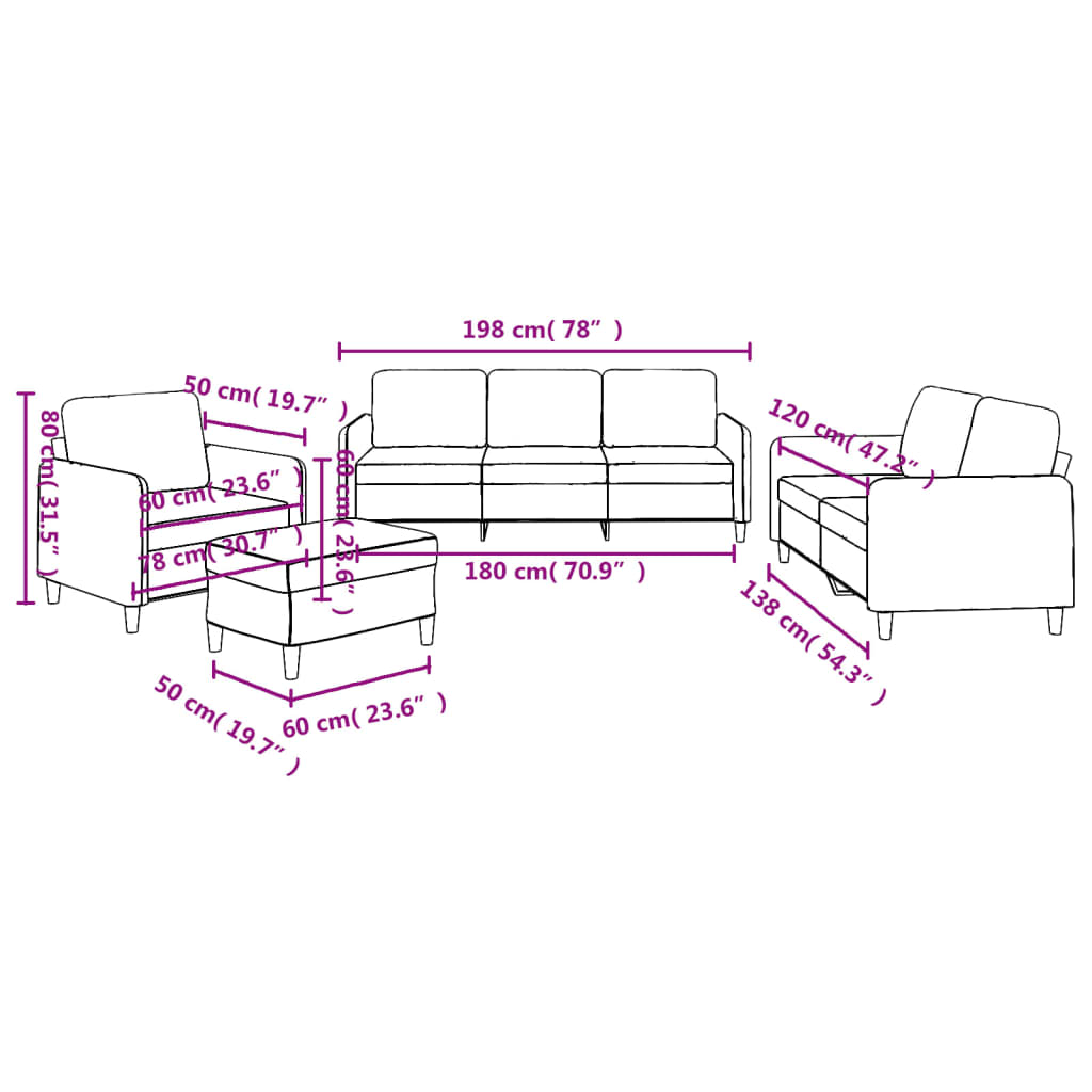 4-piece sofa set with cushions in black fabric