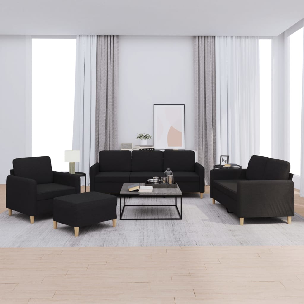 4-piece sofa set with cushions in black fabric