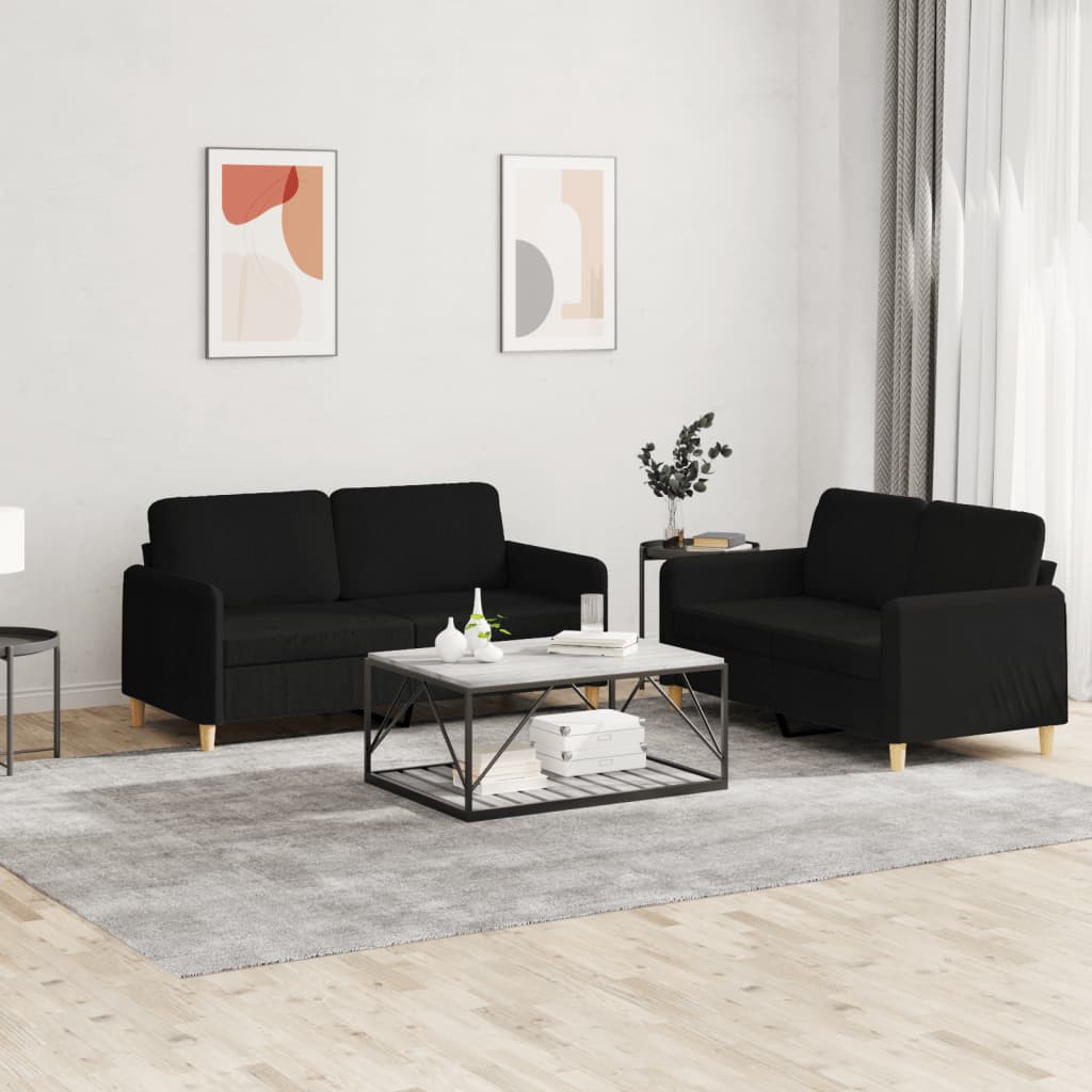 2-tlg. Sofagarnitur mit Kissen Schwarz Stoff