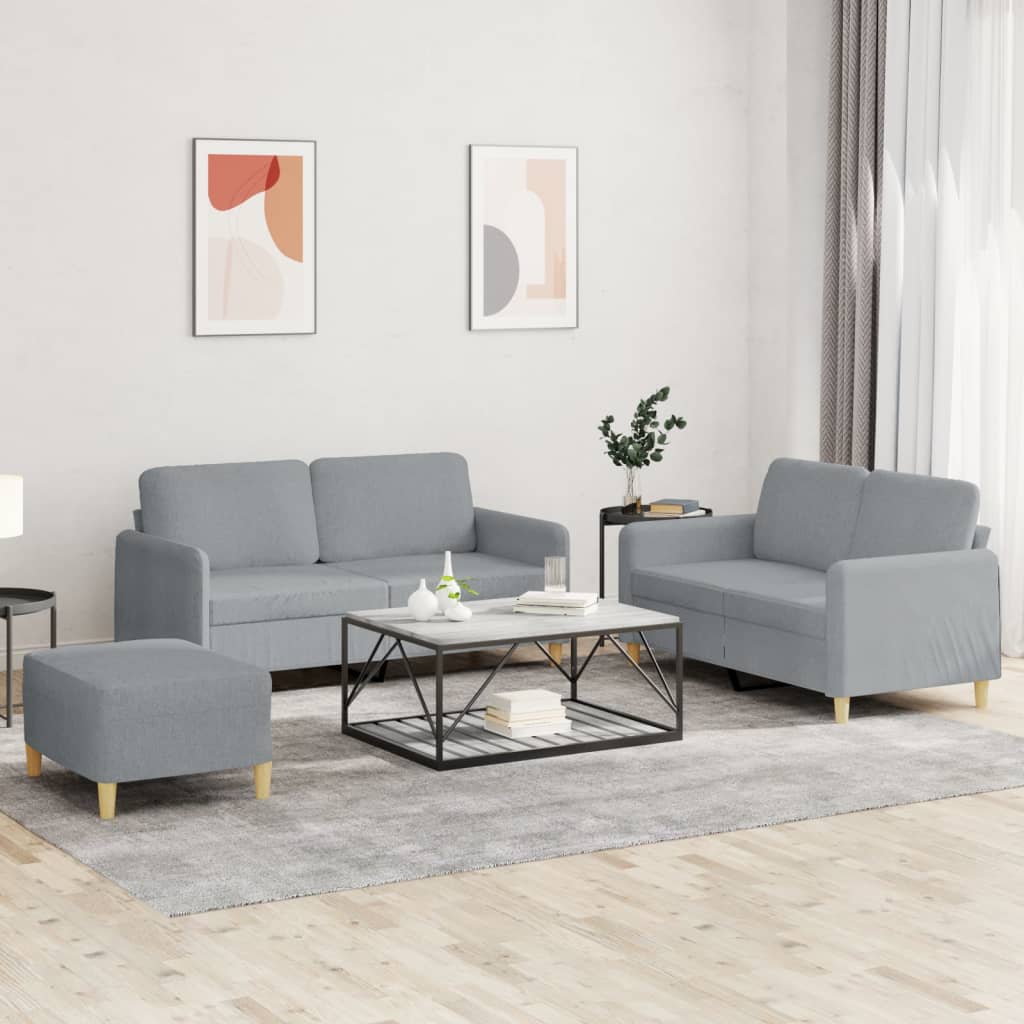 3-piece sofa set with cushions in light grey fabric
