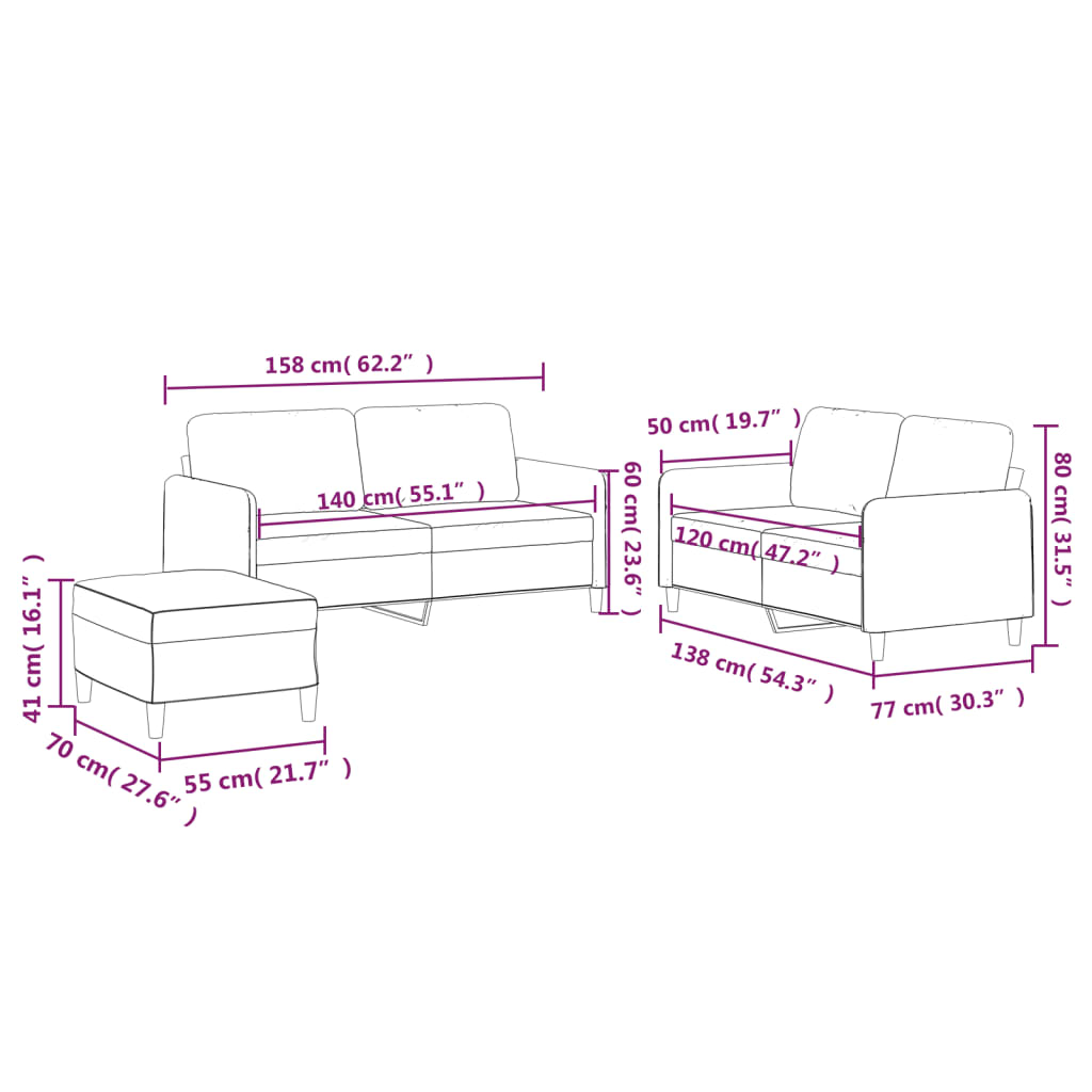 3-piece sofa set with cushions brown fabric