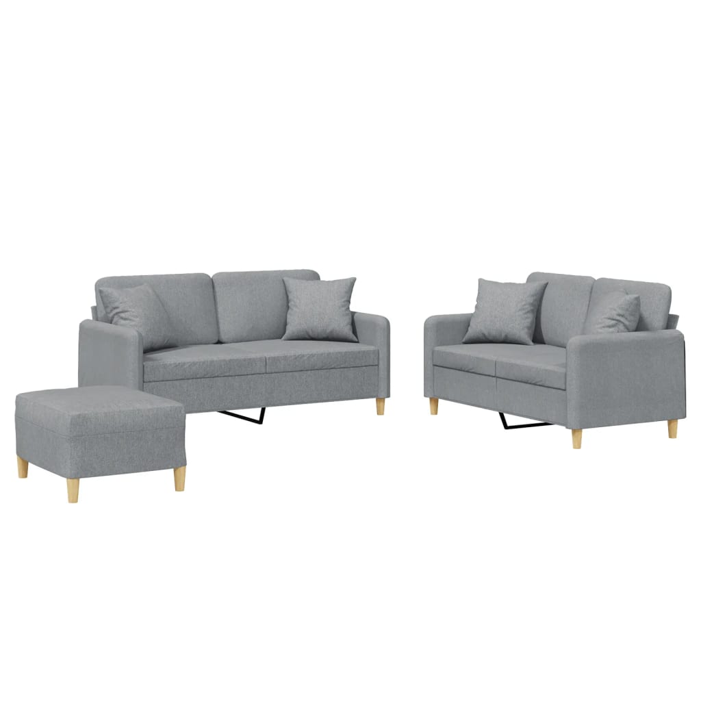 3-piece sofa set with cushions in light grey fabric