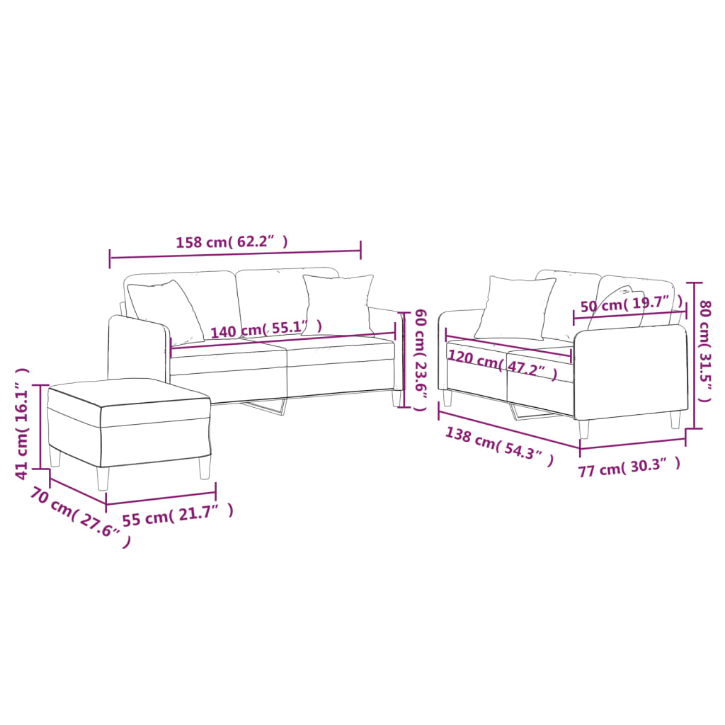 3-piece sofa set with cushions in light grey fabric