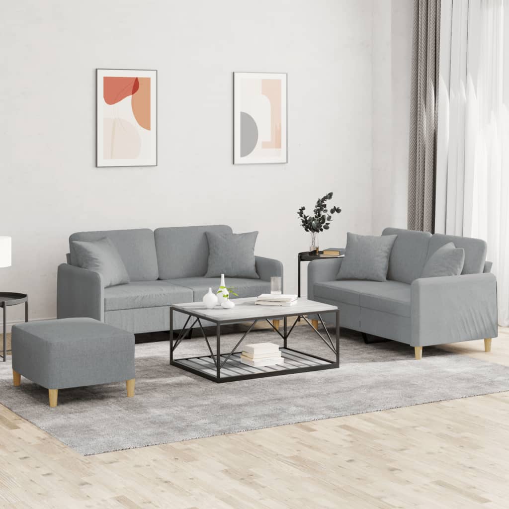 3-piece sofa set with cushions in light grey fabric