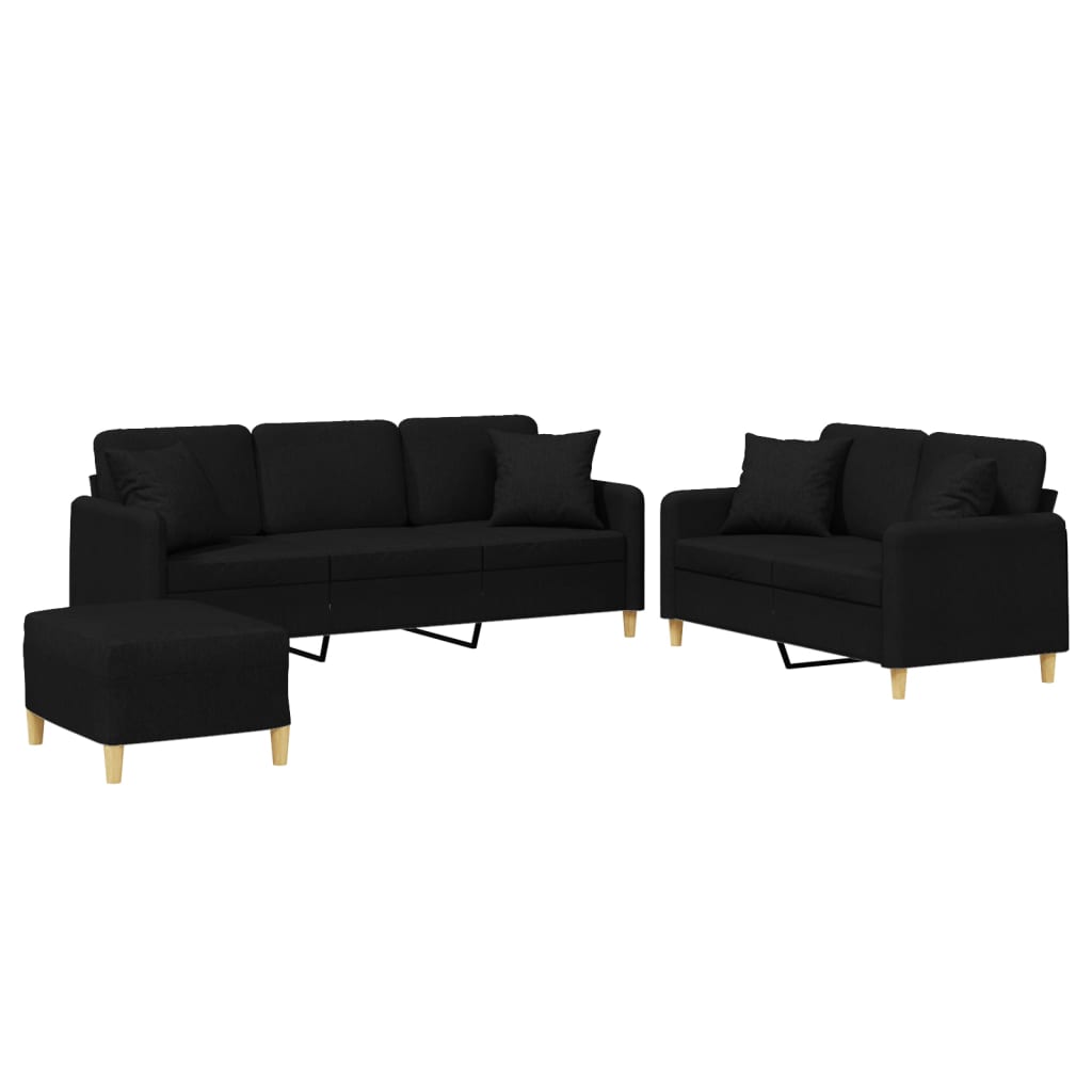 3-piece sofa set with cushions in black fabric