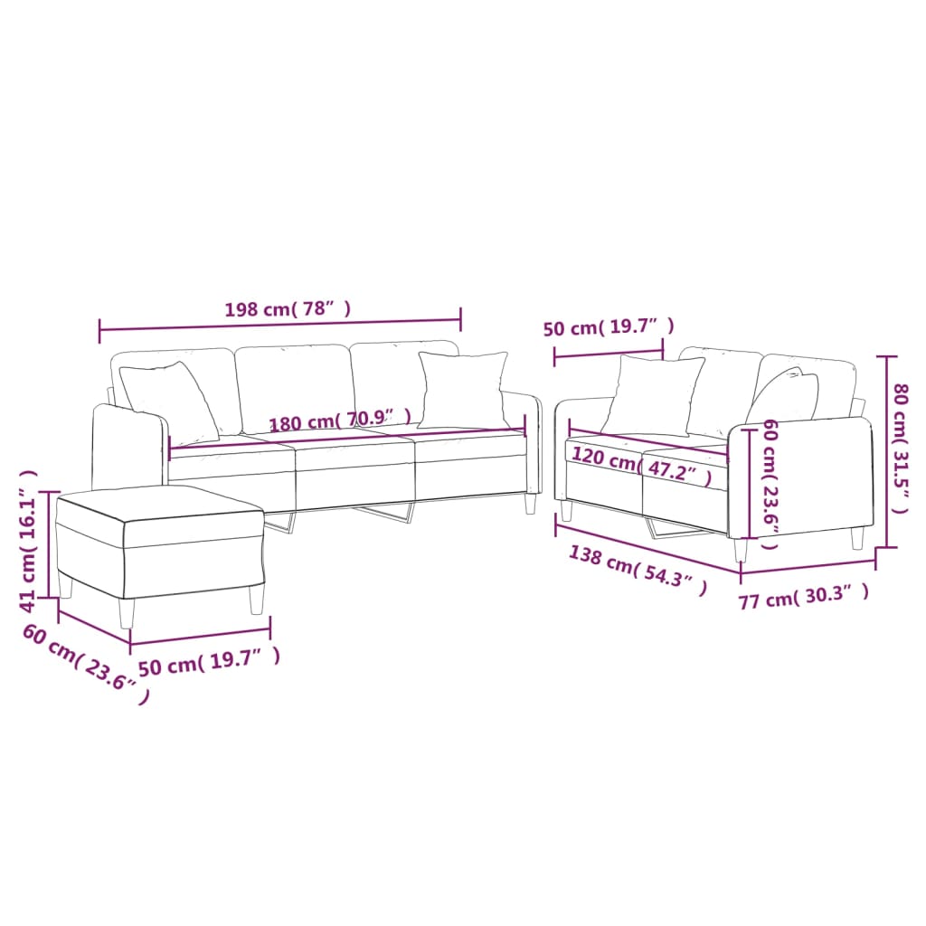 3-piece sofa set with cushions in black fabric