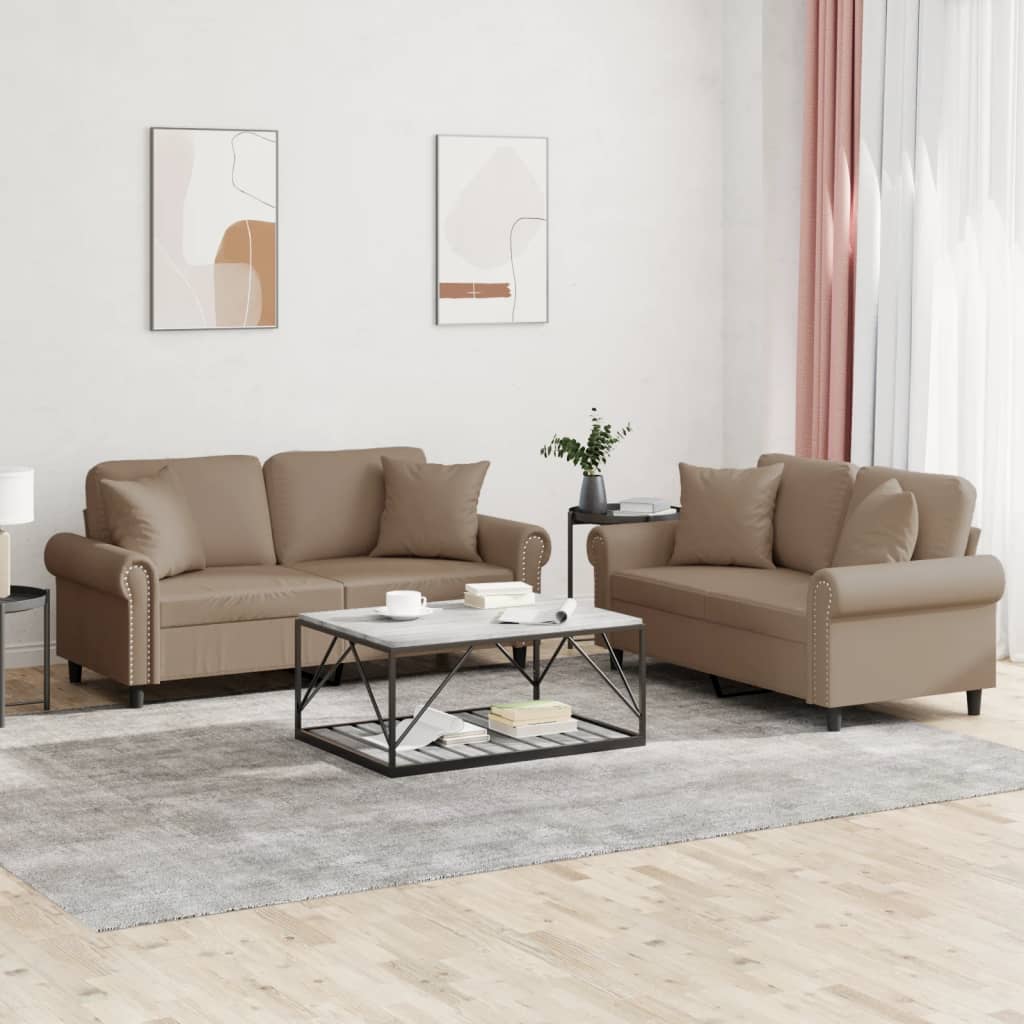 2-tlg. Sofagarnitur mit Kissen Cappuccino-Braun Kunstleder