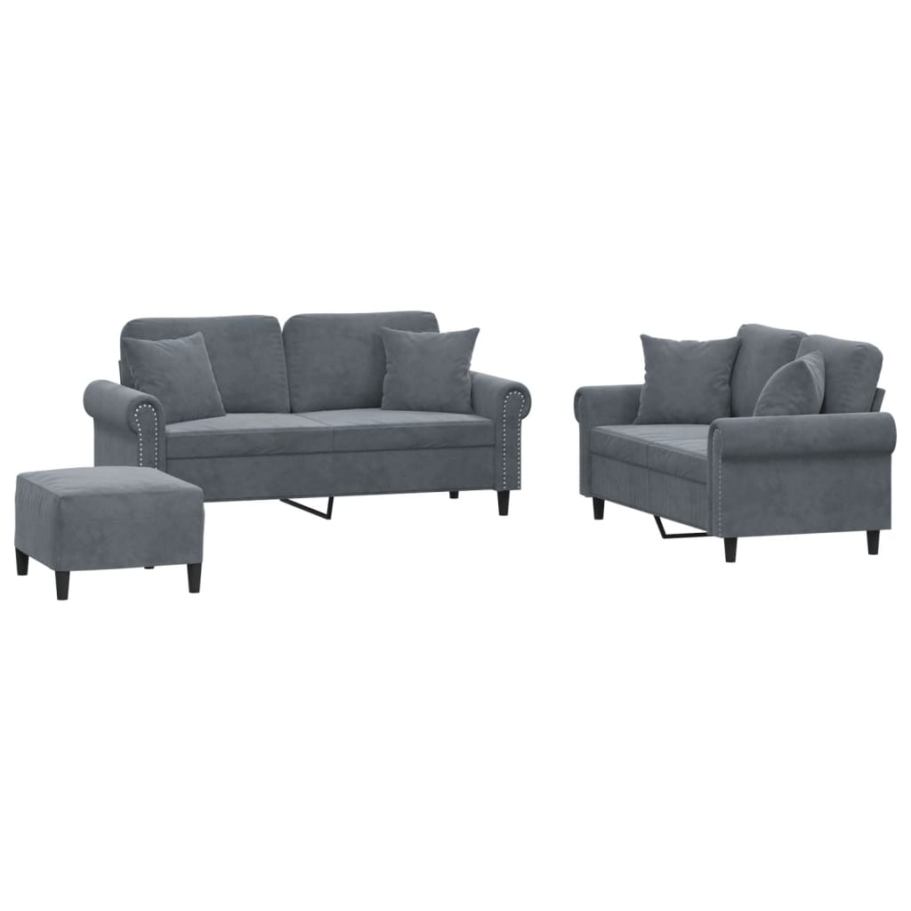 3-piece sofa set with cushions in dark grey velvet