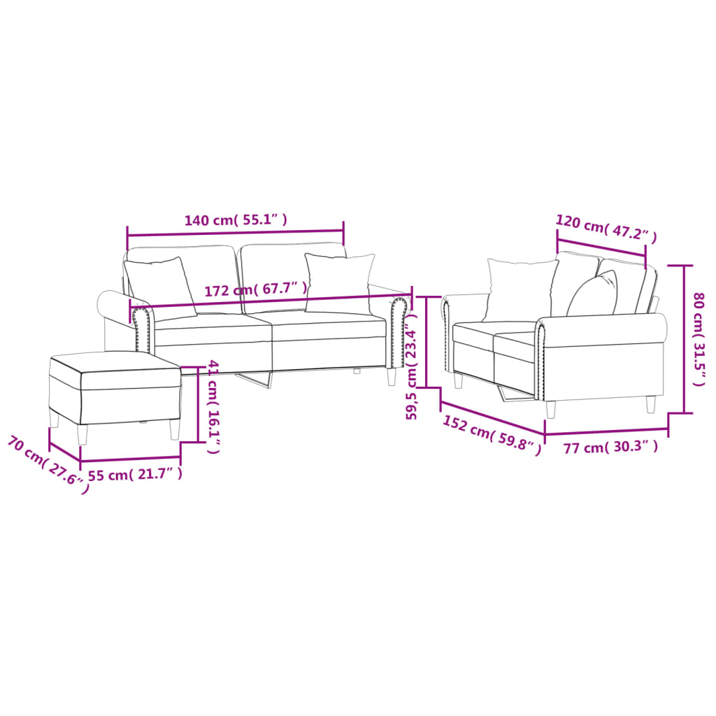 3-piece sofa set with cushions in dark grey velvet