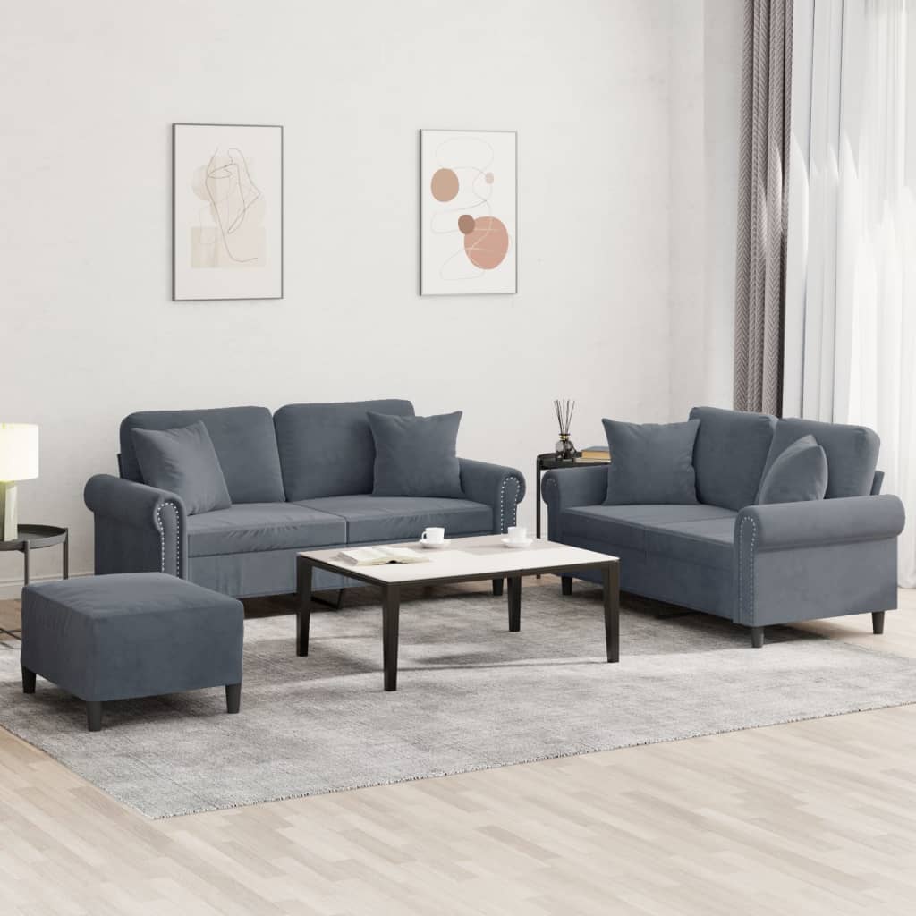 3-piece sofa set with cushions in dark grey velvet