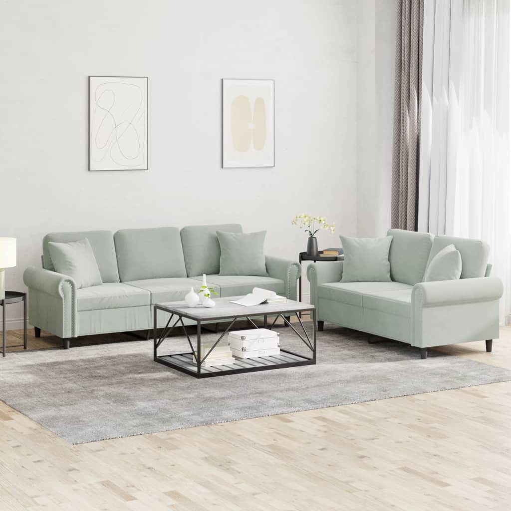 Ensemble de canapé 2 pièces avec coussins en velours gris clair
