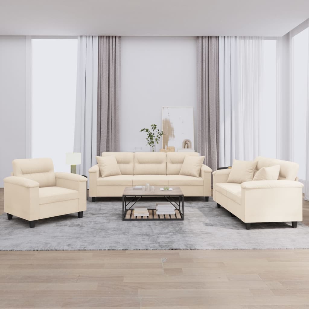 Ensemble de canapé 3 pièces avec coussins en tissu microfibre beige