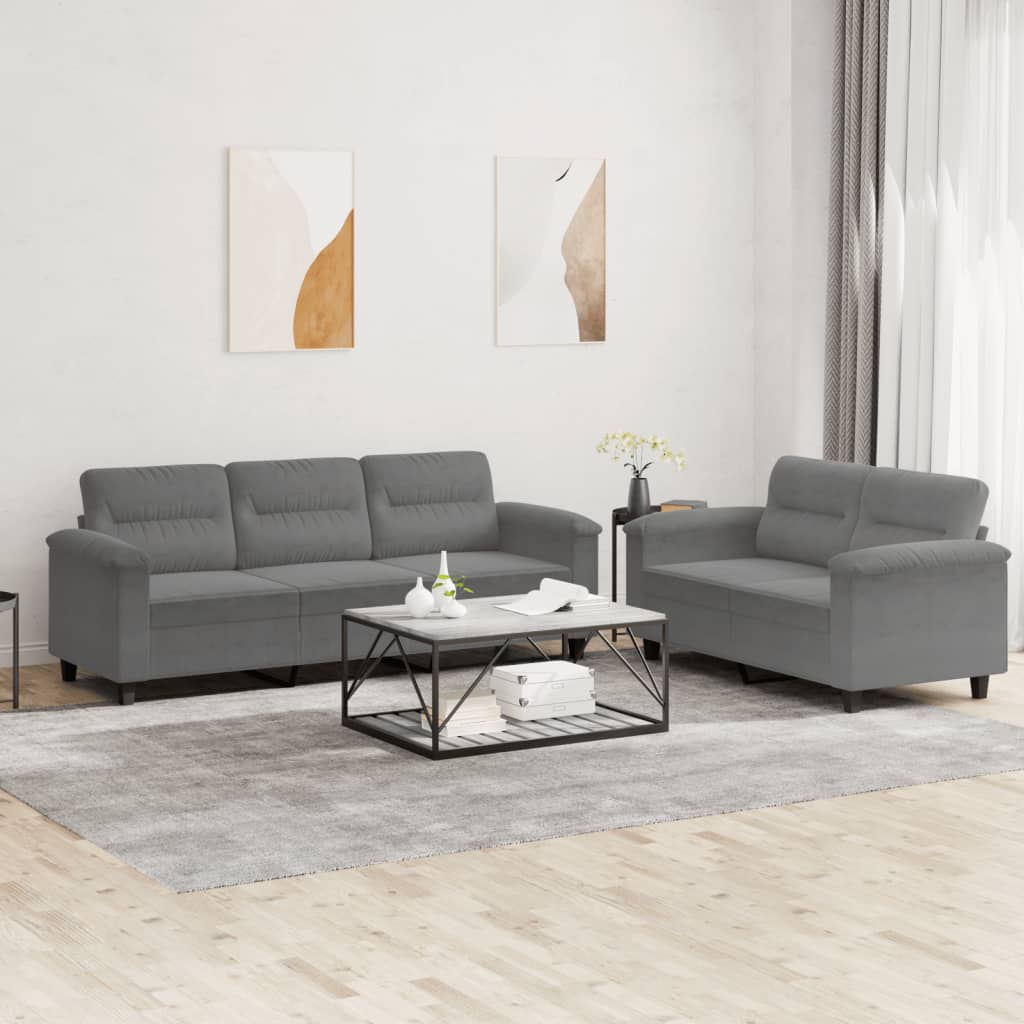 2-piece sofa set with cushions, dark grey microfiber fabric