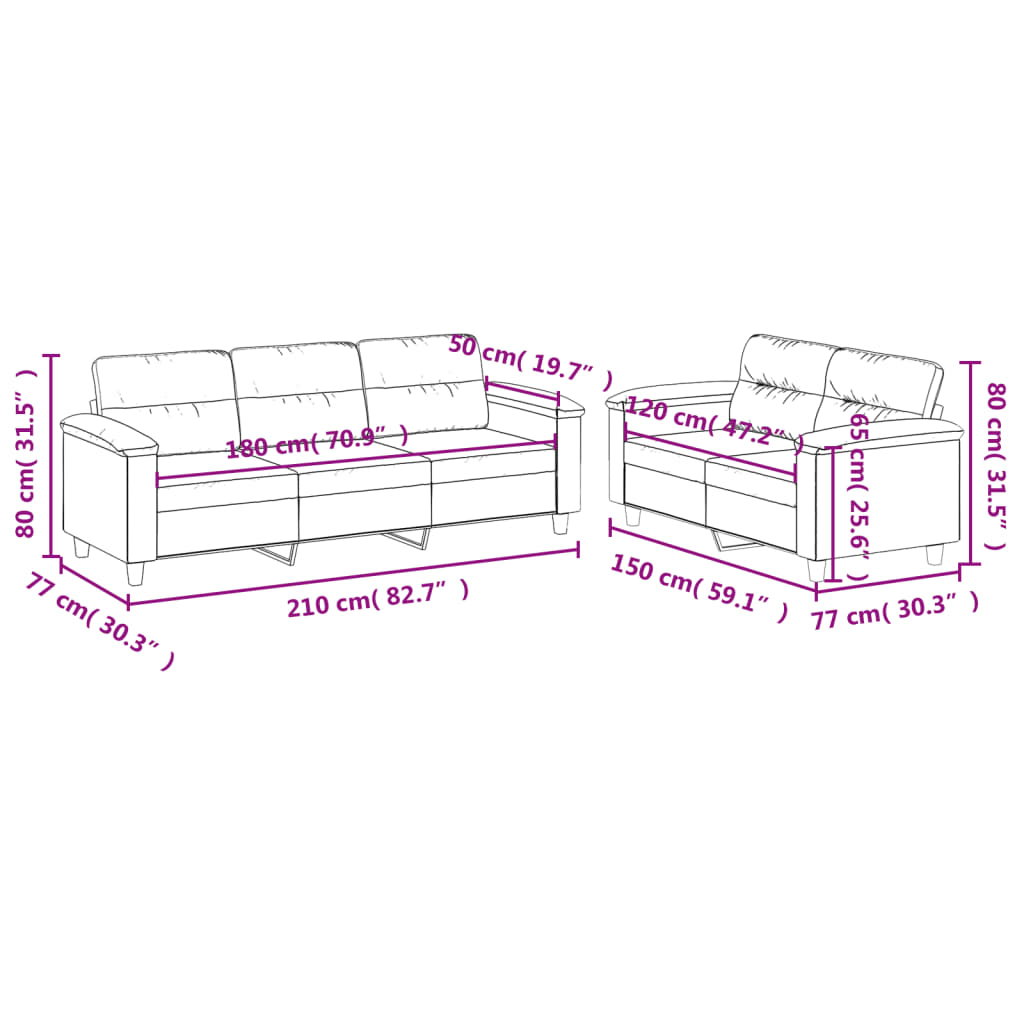 2-piece sofa set with cushions cream microfiber fabric