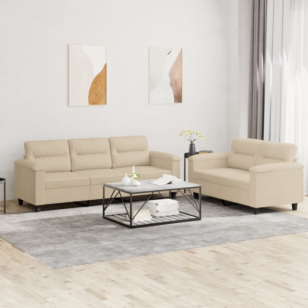 2-piece sofa set with cushions cream microfiber fabric