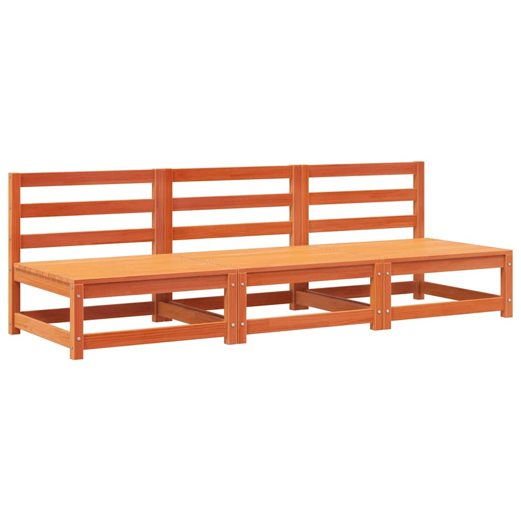 Canapés de jardin sans accoudoirs 3 pièces en bois de pin massif marron ciré.
