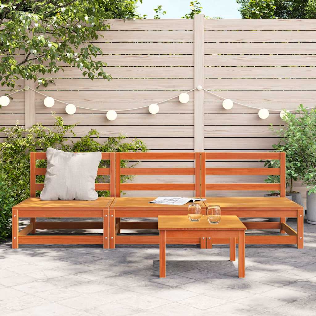 Canapés de jardin sans accoudoirs 3 pièces en bois de pin massif marron ciré.