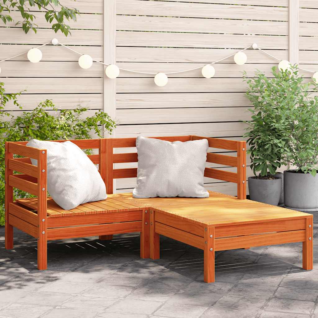 Garden sofa 2-seater with stool wax brown solid pine