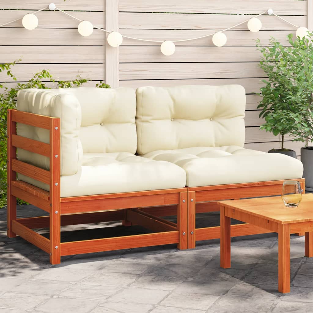 Garden sofa with cushions 2-seater wax brown solid pine