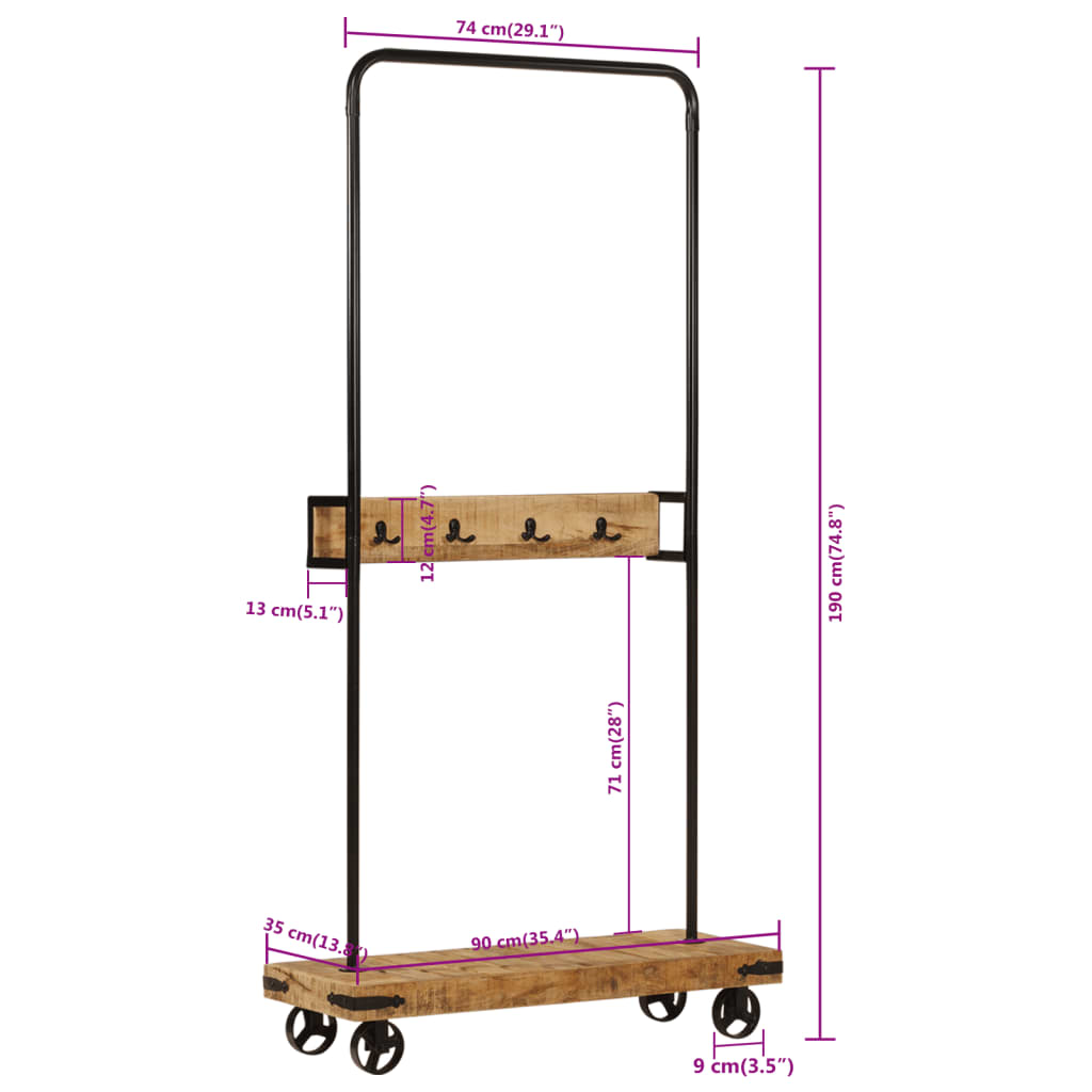 Clothes rack with wheels 90x35x190 cm solid wood mango iron