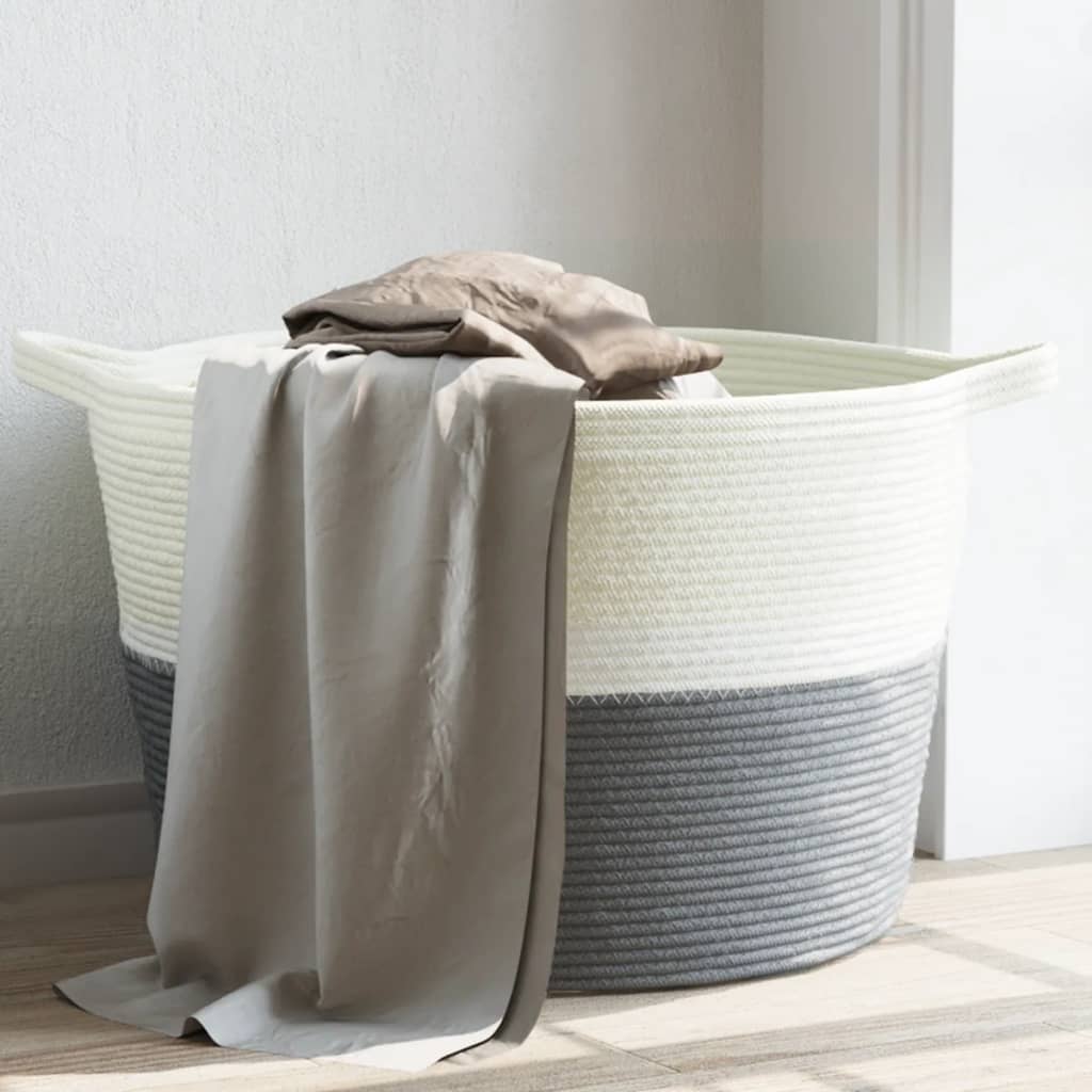 Laundry basket grey and white Ø60x36 cm cotton
