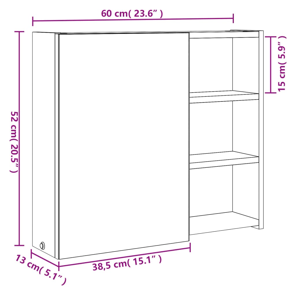 Spiegelschrank mit LED-Beleuchtung Eichenoptik 60x13x52 cm