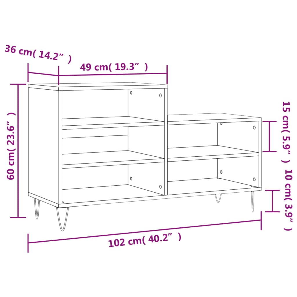 Étagère à chaussures gris béton 102x36x60 cm en bois