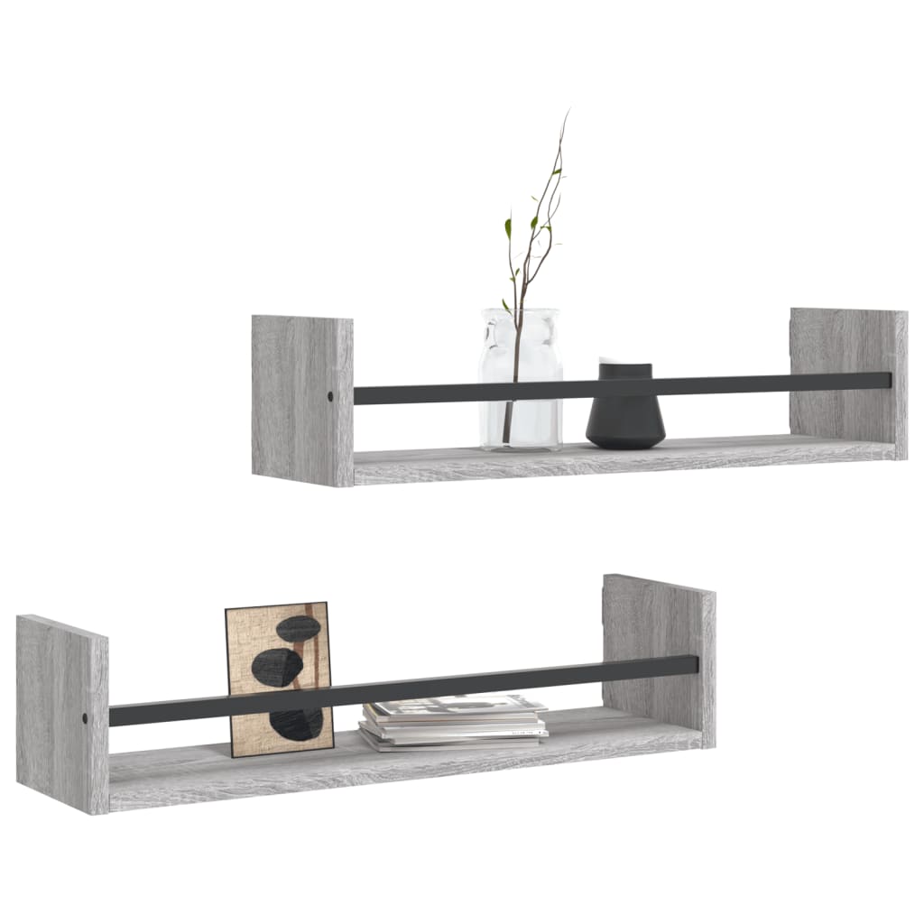 Wall shelves with rods 2 pcs. Gray Sonoma 60x16x14 cm