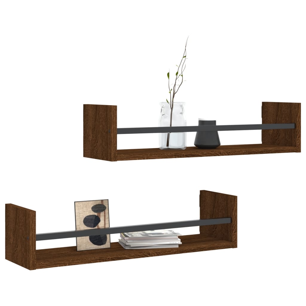 Wall shelves with rods 2 pcs. Brown oak look 60x16x14 cm