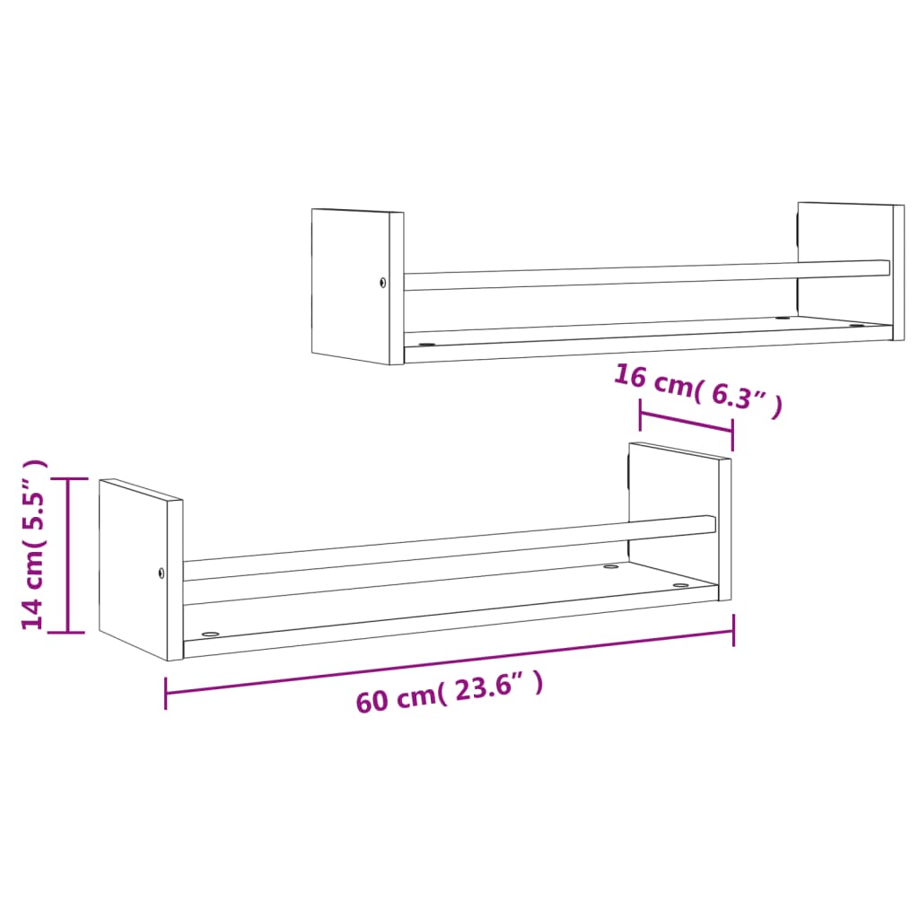 Wall shelves with rods 2 pcs. Brown oak look 60x16x14 cm