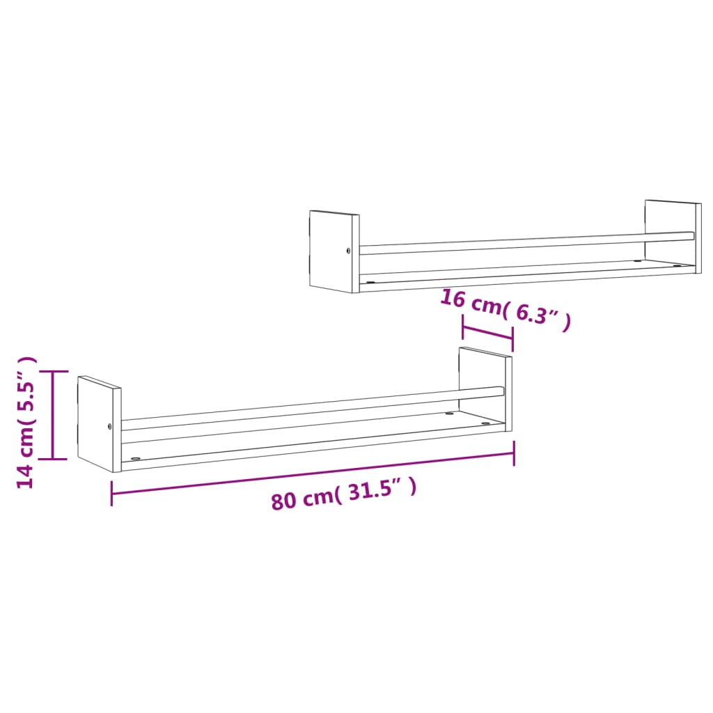 Wall shelves with rods 2 pcs. Gray Sonoma 80x16x14 cm