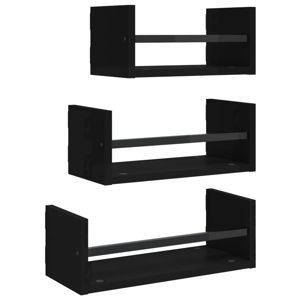 3-piece wall shelf set with rods black wood material