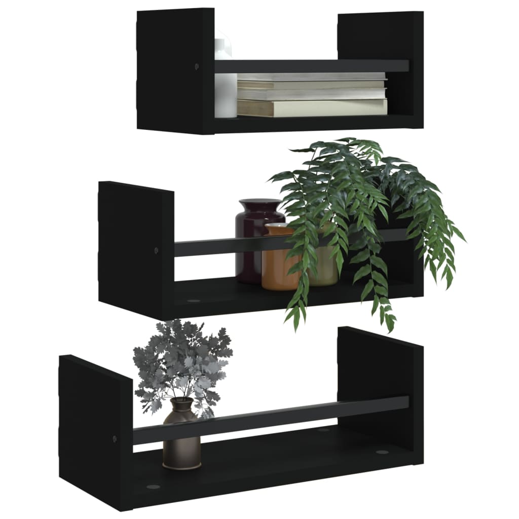 3-piece wall shelf set with rods black wood material