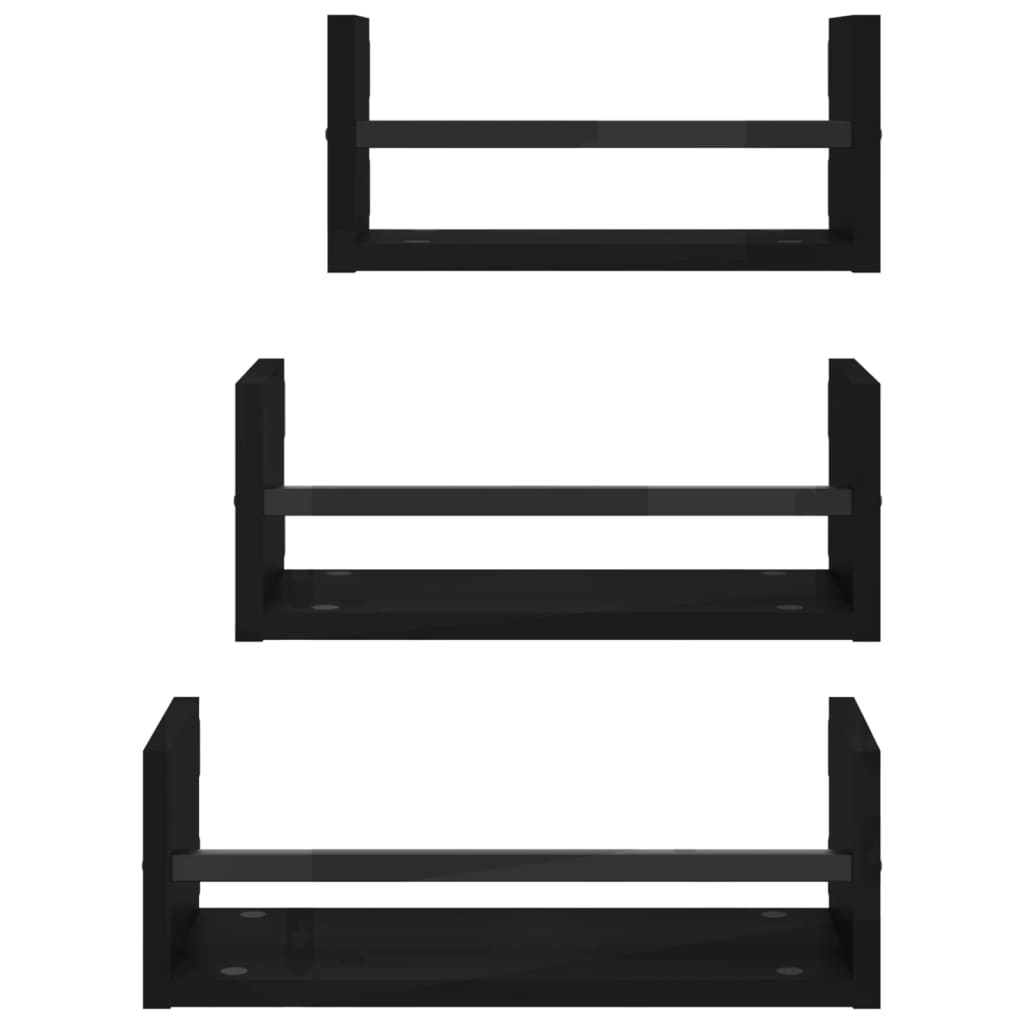 3-piece wall shelf set with rods black wood material