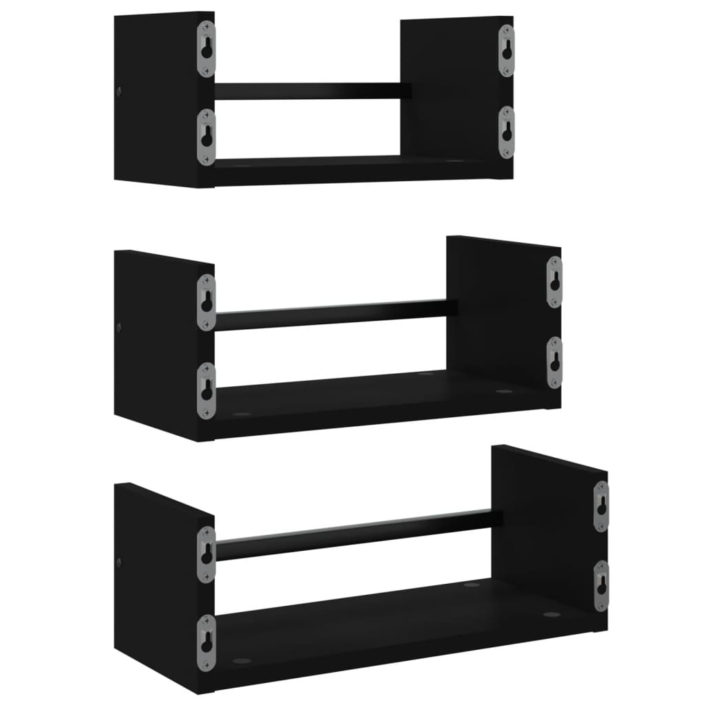 3-piece wall shelf set with rods black wood material