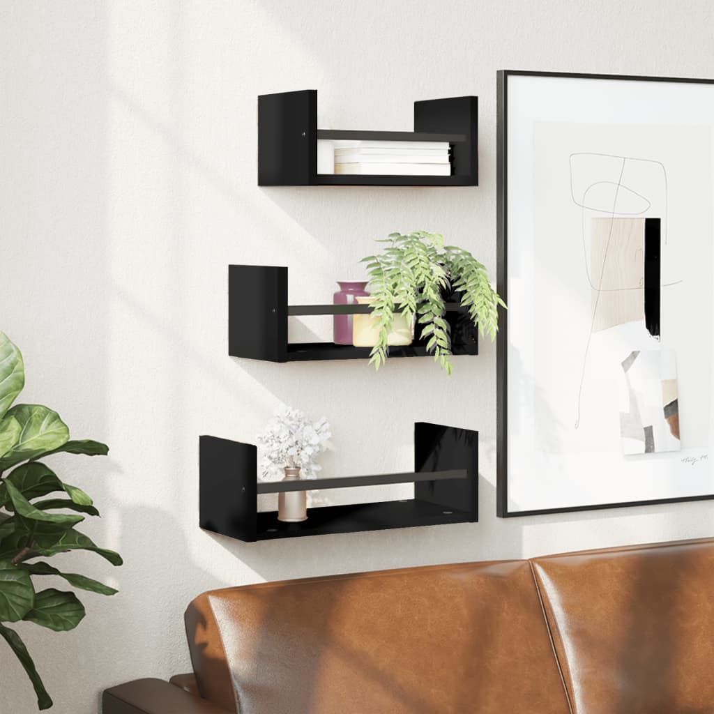 3-piece wall shelf set with rods black wood material